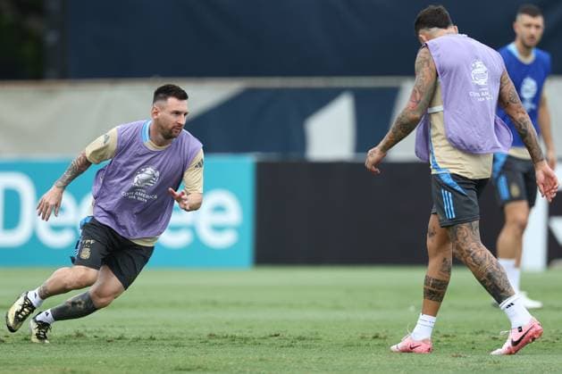 Argentina s forward Lionel Messi takes part in a training session ahead the match against Colombia for the Copa America USA 2024 final match, at Florida International University FIU , Miami, on July 13, 2024 MIAMI UNITED STATES Copyright: xALEJANDROxPAGNIx