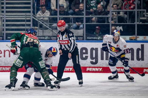 Linesperson Jonas Reinold takes a faceoff between Alexandre Grenier Augsburger Panther, 82 and Brady Ferguson EHC Red Bull Muenchen, 12 , right Alberts Smits EHC Red Bull Muenchen, 23 GER, Augsburger Panther vs EHC Red Bull Muenchen, Ice Hockey, DEL, 46 Matchday, Season 2025 2026, 27 02 2026 GER, Augsburger Panther vs EHC Red Bull Muenchen, Ice Hockey, DEL, 46 Matchday, Season 2025 2026, 27 02 2026 Augsburg Copyright: xEibner-Pressefoto HeikexFeinerx EP_HFR