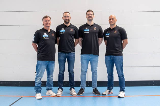 July 20, 2026, xgox, Opel HBL SC Magdeburg Handball Photo Op for the 2026–27 Season, emspor, from left: Physical Therapist Matthias Friedrich, Steffen Mantai, Philip Zachert, Athletic Trainer Daniel Müller, Magdeburg