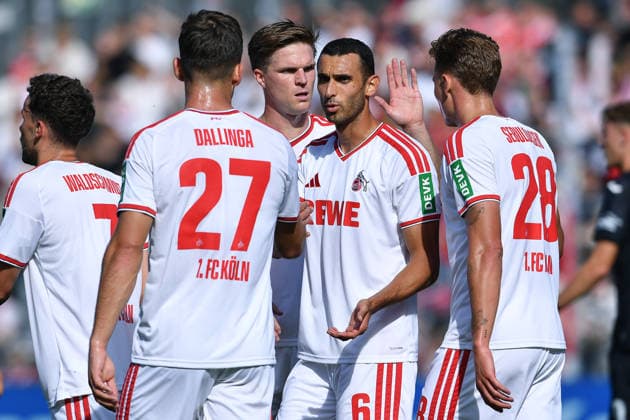 Soccer friendly match: FC Viktoria Köln vs. 1. FC Köln on October 3, 2026, at Sportpark Höhenberg in Cologne. Celebrations after Sebastian Sebulonsen s goal to make it 0–1 for Cologne. xRx