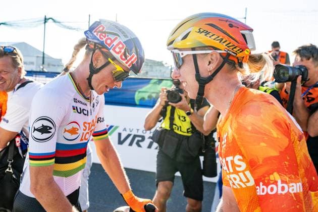 Netherlands Demi Vollering and Netherlands Lorena Wiebes celebrates after the elite women Road Race race (130 km) at the cycling UEC Road European Championships, in Ljubljana, Slovenia Saturday 3 October 2026. The UEC Road European Championships are taking place from 02 to 07 October in Ljubljana, Slovenia. DAVIDxPINTENS x188626858x