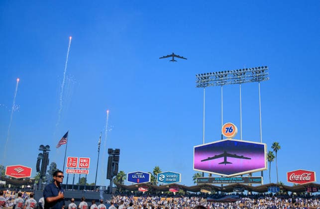 October 3, 2026, Los Angeles, California, USA: A B-52 Stratofortress conducts a flyover during the pregame ceremony honoring Lt. Col. Gabriel Estrella, who was killed in a recent B-52 crash, before NLDS Game 1 between the Los Angeles Dodgers and Atlanta Braves on Saturday, October 3, 2026, at Dodger Stadium in Los Angeles, California. JAVIER ROJAS PI Dodgers Vs. Braves NLDS - Game 1 - ZUMAp124 20261003_zaa_p124_028 Copyright: xJavierxRojasx