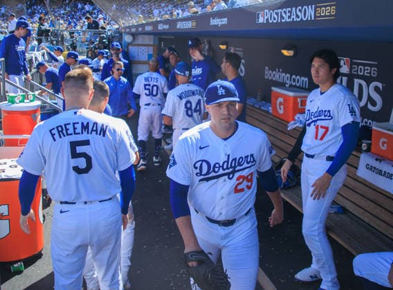 October 3, 2026, Los Angeles, California, USA: Starting pitcher, Tarik Skubal 29 of the Los Angeles Dodgers returns to the dugout during NLDS Game 1 against the Atlanta Braves on Saturday October 3, 2026 at Dodger Stadium in Los Angeles, California. Shohei Ohtani 17 watches in the dugout. Dodgers defeat Braves, 5-3, in NLDS Game 1. JAVIER ROJAS PI Dodgers Vs. Braves NLDS - Game 1 - ZUMAp124 20261003_zaa_p124_033 Copyright: xJavierxRojasx