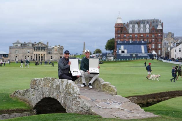RECORD DATE NOT STATED 4th October 2026; Old Course at St Andrews, St Andrews, Scotland; DP World Tour Golf, Alfred Dunhill Links Championship, Final Day; Tom Chaplin and Adrian Meronk hold the team championship trophy on the Swilcan Bridge AlecxBrown