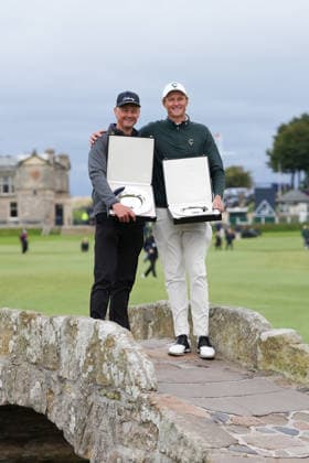 RECORD DATE NOT STATED 4th October 2026; Old Course at St Andrews, St Andrews, Scotland; DP World Tour Golf, Alfred Dunhill Links Championship, Final Day; Tom Chaplin and Adrian Meronk hold the team championship trophy on the Swilcan Bridge AlecxBrown