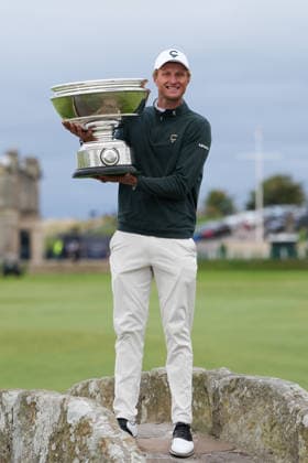 RECORD DATE NOT STATED 4th October 2026; Old Course at St Andrews, St Andrews Scotland; DP World Tour Golf, Alfred Dunhill Links Championship, Final Day; Adrian Meronk lifts the Alfred Dunhill trophy on the Swilcan Bridge after winning the tournament and becoming champion golfer AlecxBrown
