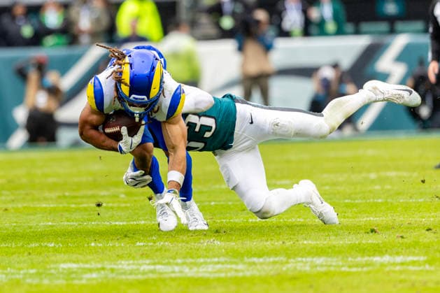 Los Angeles Rams wide receiver Jordan Whittington (88) is brought down at the 47 yard line for a third down in the second quarter at Lincoln Financial Field in Philadelphia, Pennsylvania on Sunday, October 4, 2026. PHI20261004004 LAURENCExKESTERSON