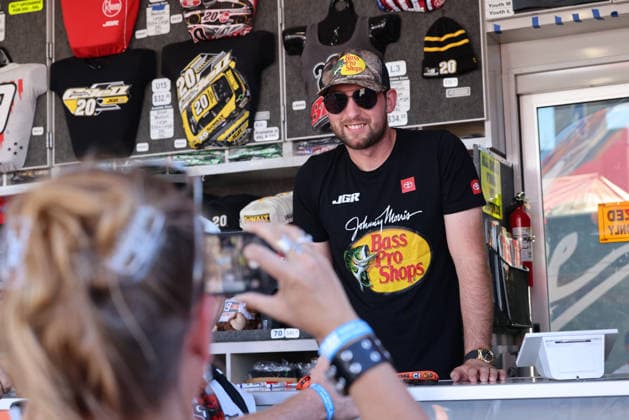 LAS VEGAS, NV - OCTOBER 04: Chase Briscoe ( 19 Joe Gibbs Racing Bass Pro Shops Toyota) poses in the Joe Gibbs Racing Merchandise Trailer during a meet and greet before the NASCAR, Motorsport, USA Cup Series Playoffs South Point 400 on October 4, 2026, at Las Vegas Motor Speedway in Las Vegas, NV. (Photo by Marc Sanchez Icon Sportswire) AUTO: OCT 04 NASCAR Cup Series Playoffs South Point 400 EDITORIAL USE ONLY Icon14426100400620
