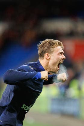 RECORD DATE NOT STATED 4th October 2026; Cardiff City Stadium, Cardiff, Wales; UEFA Nations League Football, Wales versus Denmark; Rasmus H& xf8;jlund of Denmark celebrates 1-0 victory over Wales with fans AmandaxMcMaster