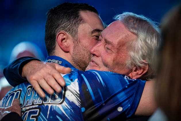 RECORD DATE NOT STATED 4th October 2026; Mattioli Arena, Leicester, England; PDC World Grand Prix Darts, World Grand Prix, Final Day; Luke Humphries celebrates winning the Boyle Sports World Grand Prix against Gerwyn Price and gets a hug from his dad GodfreyxPitt
