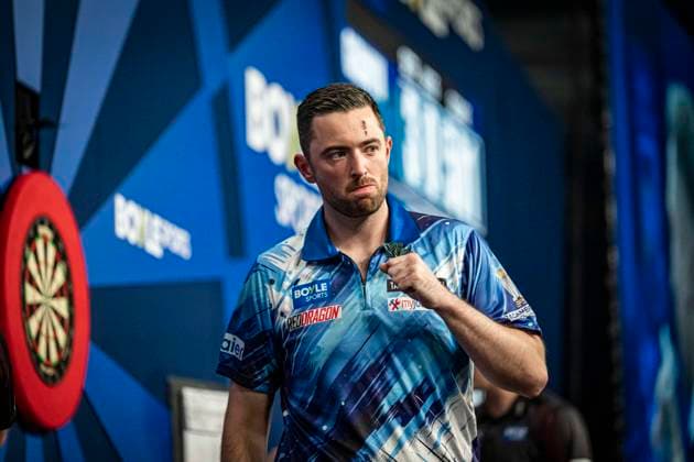 RECORD DATE NOT STATED 4th October 2026; Mattioli Arena, Leicester, England; PDC World Grand Prix Darts, World Grand Prix, Final Day; Luke Humphries celebrates winning a leg in his final match against Gerwyn Price GodfreyxPitt