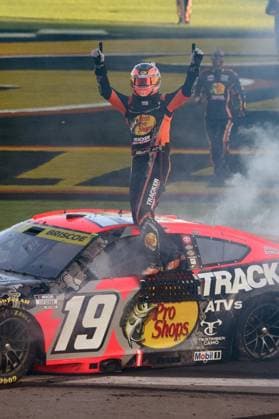 LAS VEGAS, NV - OCTOBER 04: Chase Briscoe ( 19 Joe Gibbs Racing Bass Pro Shops Toyota) climbs on his car to celebrate winning the race during the NASCAR, Motorsport, USA Cup Series Playoffs South Point 400 on October 04, 2026, at Las Vegas Motor Speedway in Las Vegas, NV. (Photo by Chris Williams LVMS Icon Sportswire) AUTO: OCT 04 NASCAR Cup Series Playoffs South Point 400 EDITORIAL USE ONLY Icon0072610041252