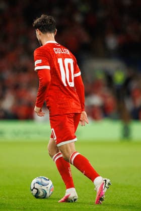 RECORD DATE NOT STATED 4th October 2026; Cardiff City Stadium, Cardiff, Wales; UEFA Nations League Football, Wales versus Denmark; Liam Cullen of Wales dribbles ball AmandaxMcMaster