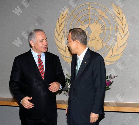 Israeli Prime Minister Benjamin Netanyahu meets with U.N. Secretary-General Ban Ki-moon to discuss issues including Israeli-Palestinian peace-making efforts., New York City, United States WENN 5511022