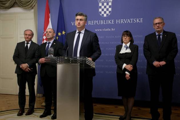 Prime Minister of Croatia Andrej Plenkovic ZAGREB, CROATIA - NOVEMBER 29: Prime Minister of Croatia Andrej Plenkovic (front) speaks during the press conference on former Croat general Slobodan Praljak s death in Zagreb, Croatia on November 29, 2017. A former Bosnian Croat general convicted of war crimes died in hospital after drinking poison in a UN court on Wednesday. Grad Zagreb Croatia. Editorial use only. Please get in touch for any other usage. Copyright: x2025xAnadoluxStipexMayicx