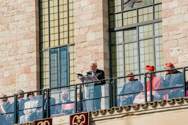 IPA89293419 - ASSISI October 4, 2026 Basilica of St. Francis celebration of the feast of St. Francis, patron saint of Italy, with the participation of President of the Republic Sergio Mattarella. After Mass, the President delivered a speech from the loggia of the Basilica, emphasizing Franciscan values and the priority of peace. Copyright: xemanuelaxbianconix xx IPA89293419