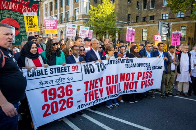 Battle of Cable Street 90th Anniversary March East London, October 4, 2026 A march was held in East London to mark the 90th anniversary of the Battle of Cable Street. Demonstrators gathered to commemorate the historic 1936 anti-fascist mobilisation, when local residents, members of the Jewish community, dockers and anti-fascist groups opposed a planned march by the British Union of Fascists through the East End. The anniversary march brought together campaigners, community groups and supporters to remember the events of Cable Street and their place in London™s history., Credit:Zak Irfan Avalon Copyright: xZakxIrfanx xAvalonx 1140602741