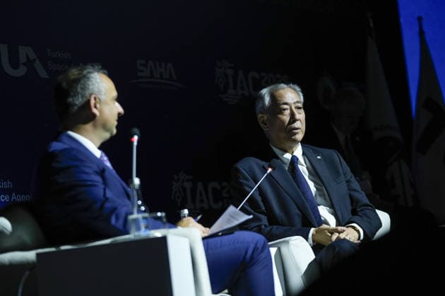 Space agency heads convene for a special session as part of IAC in Antalya ANTALYA, TURKIYE - OCTOBER 5: JAXA President Yamakawa Hiroshi (R), delivers a speech during the Space Agency Heads session held as part of the 77th International Astronautical Congress (IAC) at the NEST Congress Center in Antalya, Turkiye, on October 5, 2026. The congress is organized by the International Astronautical Federation (IAF), coordinated by the Turkish Ministry of Industry and Technology, and co-hosted by the Turkish Space Agency (TUA) and SAHA Istanbul. Osmancan Gurdogan Anadolu Antalya Turkey. Editorial use only. Please get in touch for any other usage. Copyright: x2026xAnadoluxOsmancanxGurdoganx