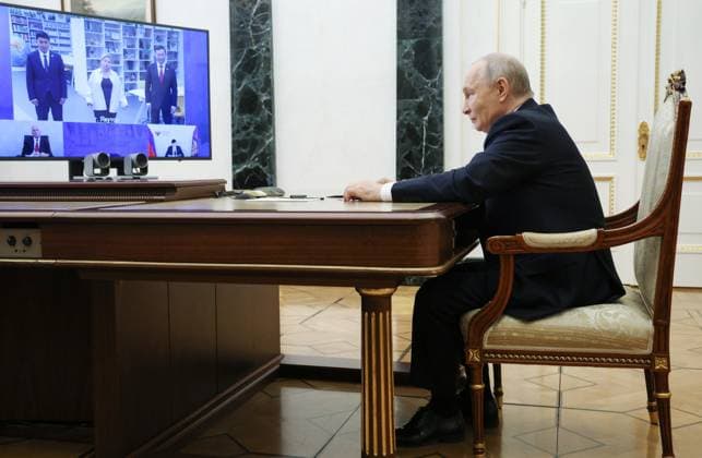 Russia Putin Educational Complex 9257874 05.10.2026 Russian President Vladimir Putin attends via video link a meeting marking the opening of the Point of the Future educational complex in the settlement of Zhatay, Republic of Sakha (Yakutia), at the Kremlin in Moscow, Russia. Vyacheslav Prokofiev Sputnik Moscow Russia Copyright: xVyacheslavxProkofievx