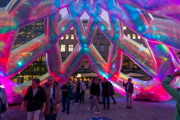 Essen Light Festival, downtown; Meliora, a light installation by the Australian artist duo Atelier Sisu, on Burgplatz; walk-through light sculpture; North Rhine-Westphalia, Germany; Essen Light Festival