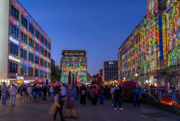 Essen Light Festival, downtown, light installation *The Complementary Universe*, projected onto the buildings at Willy Brandt Platz, by Lightspray Visual, from Hungary, North Rhine-Westphalia, Germany, Essen Light Festival