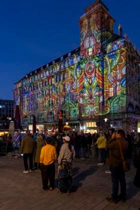 Essen Light Festival, downtown, light installation *The Complementary Universe*, projected onto the buildings at Willy Brandt Platz, by Lightspray Visual, from Hungary, North Rhine-Westphalia, Germany, Essen Light Festival