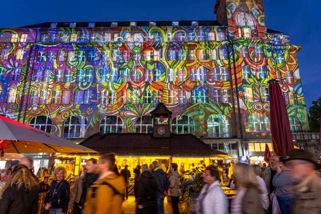 Essen Light Festival, downtown, light installation *The Complementary Universe*, projected onto the buildings at Willy Brandt Platz, by Lightspray Visual, from Hungary, North Rhine-Westphalia, Germany, Essen Light Festival