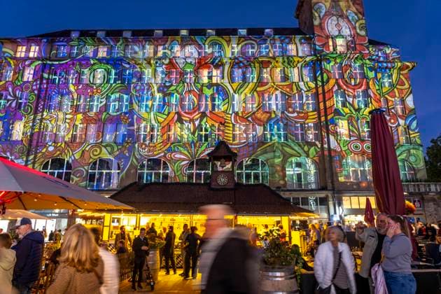Essen Light Festival, downtown, light installation *The Complementary Universe*, projected onto the buildings at Willy Brandt Platz, by Lightspray Visual, from Hungary, North Rhine-Westphalia, Germany, Essen Light Festival