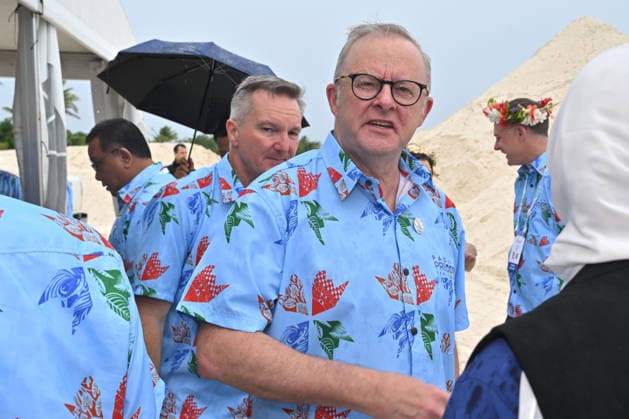 ANTHONY ALBANESE PRECOP MEETING, Australia™s Prime Minister Anthony Albanese and Minister for Climate Change Chris Bowen arrive to look at the Tuvalu Coastal Adaptation Project (TCAP) during the Pre-Cop31 meeting in Tuvalu, Tuesday, October 6, 2026. (( NO ARCHIVING Funafuti Tuvalu Copyright: xMICKxTSIKASx 20261006130464190083
