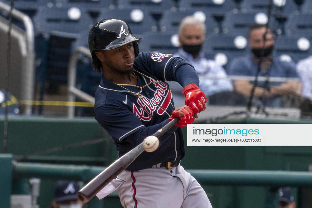 Atlanta Braves second baseman Ozzie Albies makes connect with the ball against the Washington Nationals in the first inning at Nationals Park in Washington, DC on Thursday, May 6 2021. WAP20210506004 TASOSxKATOPODIS