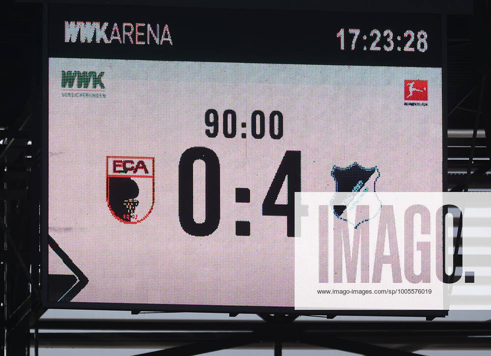 Final score 0 4, on the scoreboard FC Augsburg vs TSG 1899 Hoffenheim, 1 Matchday DFL REGULATIONS PROHIBIT ANY USE OF PHOTOGRAPHS AS IMAGE SEQUENCES AND OR QUASI VIDEO