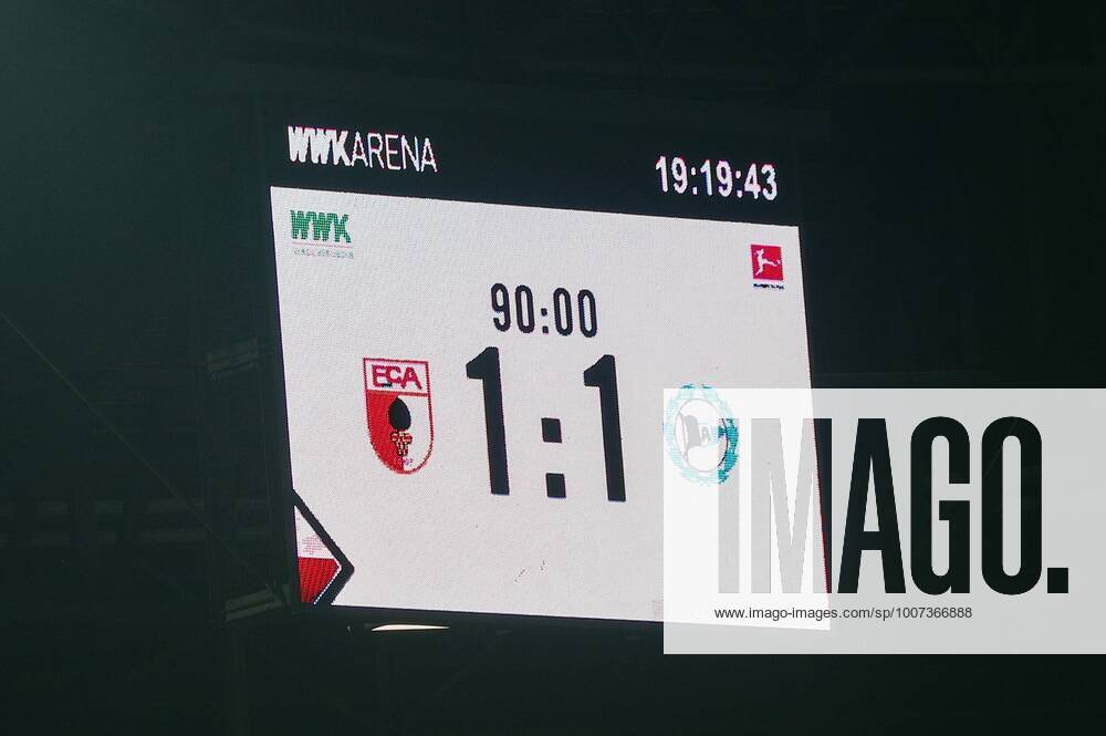 Final score 1 1 on the scoreboard, FC Augsburg vs Arminia Bielefeld, 1 Bundesliga, 8 Spieltag, 17 10 2021 DFB regulations prohibit any use of photographs as image sequences and or quasi video Augsburg Bayern Deutschland
