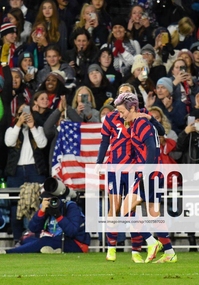 SAINT PAUL, MN - OCTOBER 26: United States forward Megan Rapinoe (15) celebrates her goal with United States forward Tobin Heath (7) during the second half of a friendly soccer match between Korea Republic and the United States on Oct 26, 2021 at Allianz Field in Saint Paul, MN. (Photo by Nick Wosika Icon Sportswire) SOCCER: OCT 26 Women s - USA v Korea Icon2021102618