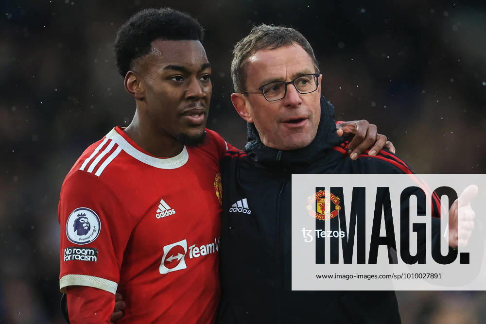 Premier League Leeds United v Manchester United, ManU Ralf Rangnick manager of Manchester United and Anthony Elanga 36 celebrate after the final whistle
