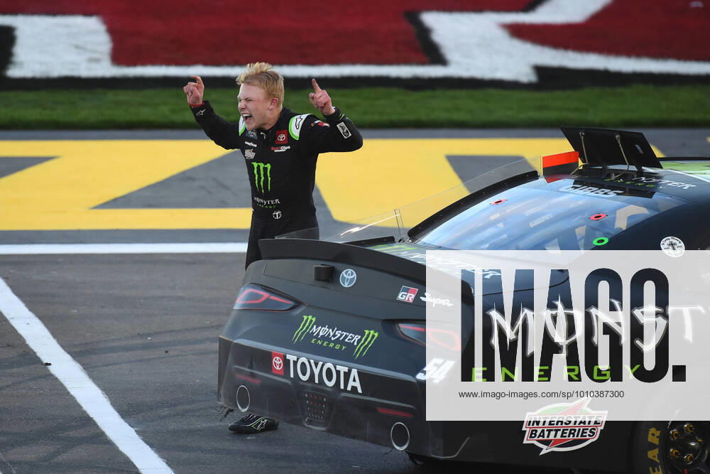 LAS VEGAS, NV - MARCH 05: Ty Gibbs ( 54 Joe Gibbs Racing Monster Energy Toyota) celebrates winning the race during the NASCAR, Motorsport, USA Xfinity Series Alsco Uniforms 300 on March 05, 2022, at Las Vegas Motor Speedway in Las Vegas, NV. (Photo by Chris Williams Icon Sportswire) AUTO: MAR 05 NASCAR Xfinity Series - Alsco Uniforms 300 Icon0072203051191