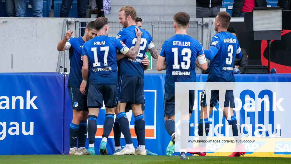 TSG 1899 Hoffenheim players, cheering about the goal to 1 0, jubilation, goal celebration, celebrate the goal, celebration, cheering about the goal, optimistic, game scene, highlight, action, action, 12 03 2022, Sinsheim Germany , Football, Bundesliga, TSG 1899 Hoffenheim FC Bayern Munich, 12 03 2022, Sinsheim Germany , Football, Bundesliga, TSG 1899 Hoffenheim FC Bayern Munich, DFB DFL REGULATES PROHIBIT ANY USE OF PHOTOGRAPHS AS IMAGE SEQUENCES AND OR QUASI VIDEO
