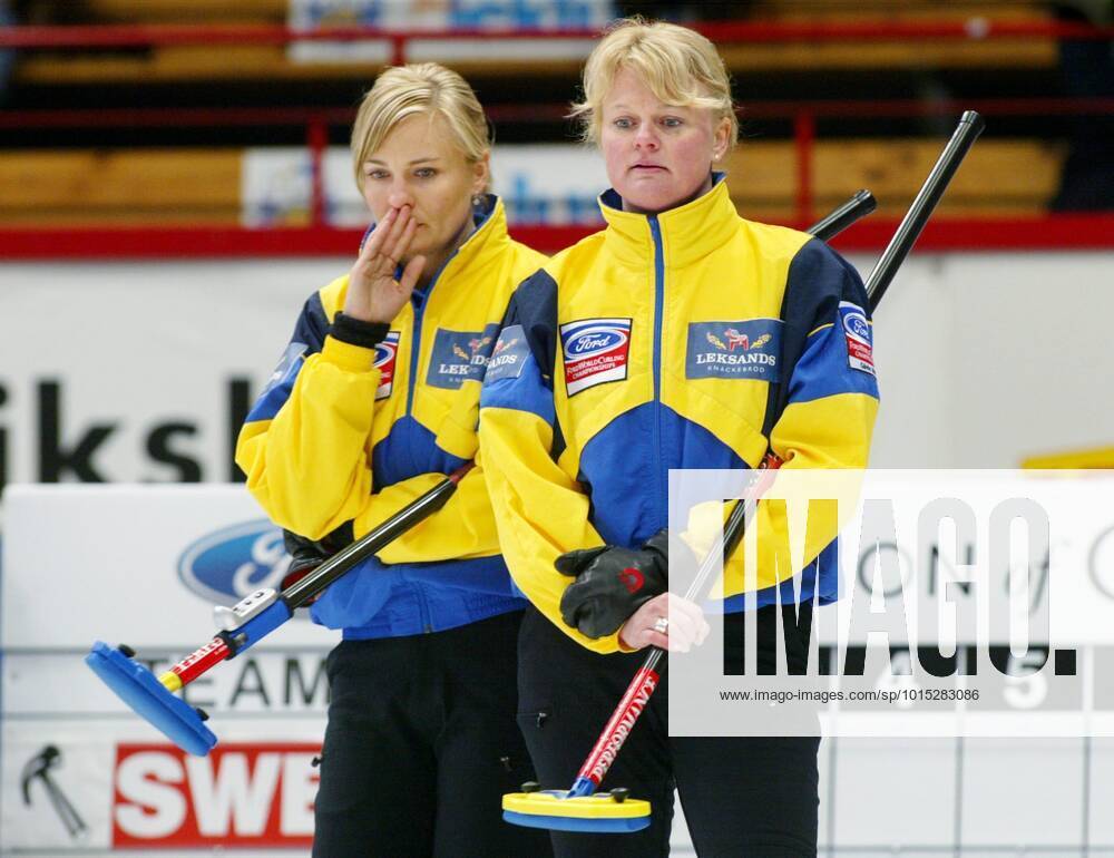 GÄVLE 040419 The Swedish womens curling teams skipper Anette Norberg lets go of a stone while Anna Bergström and Cathrine Norberg sweep on Monday, April 19 in the match against the USA during the Curling World Cup in Gävle GÄVLE SWEDEN CURLING