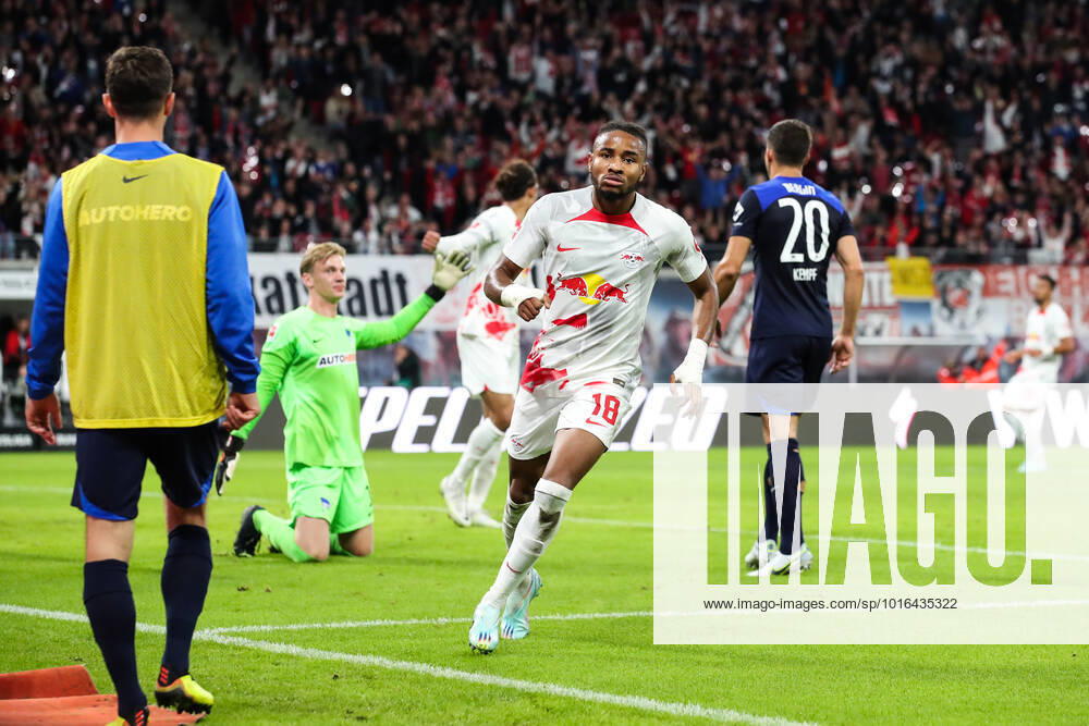 Goal celebration scorer Christopher Nkunku RB Leipzig,18 hits to the goal, the goal is not given 1 Football Bundesliga season 2022 2023 point game RB Leipzig vs Hertha BSC Berlin in the Red Bull Arena in Leipzig action,football,Germany,man,men