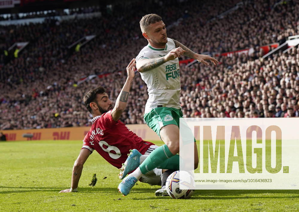 Manchester, England, 16th October 2022. Bruno Fernandes of Manchester United, ManU tackles Kieran Trippier of Newcastle United during the Premier League match at Old Trafford, Manchester. Picture credit should read: Andrew Yates Sportimage . SPI-1957-0054