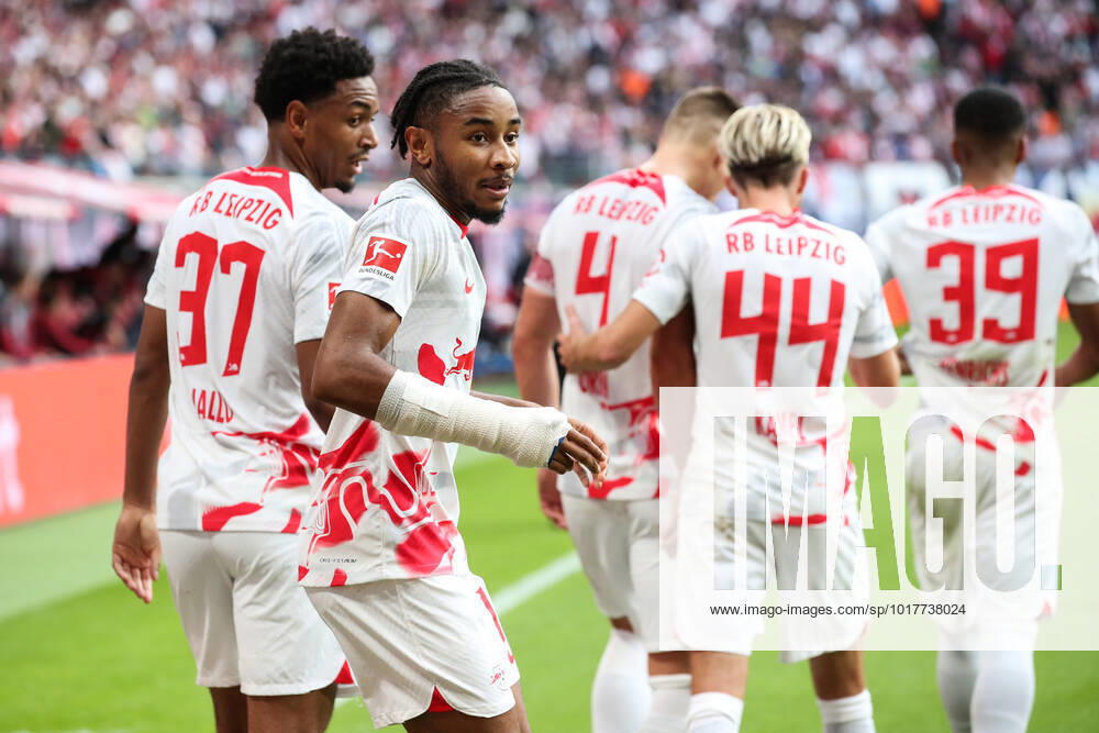 Goal celebration scorer Christopher Nkunku RB Leipzig,18 scores 1 0 1 Football Bundesliga season 2022 2023 point game RB Leipzig vs Bayer Leverkusen at Red Bull Arena in Leipzig action,football,Germany,man,men