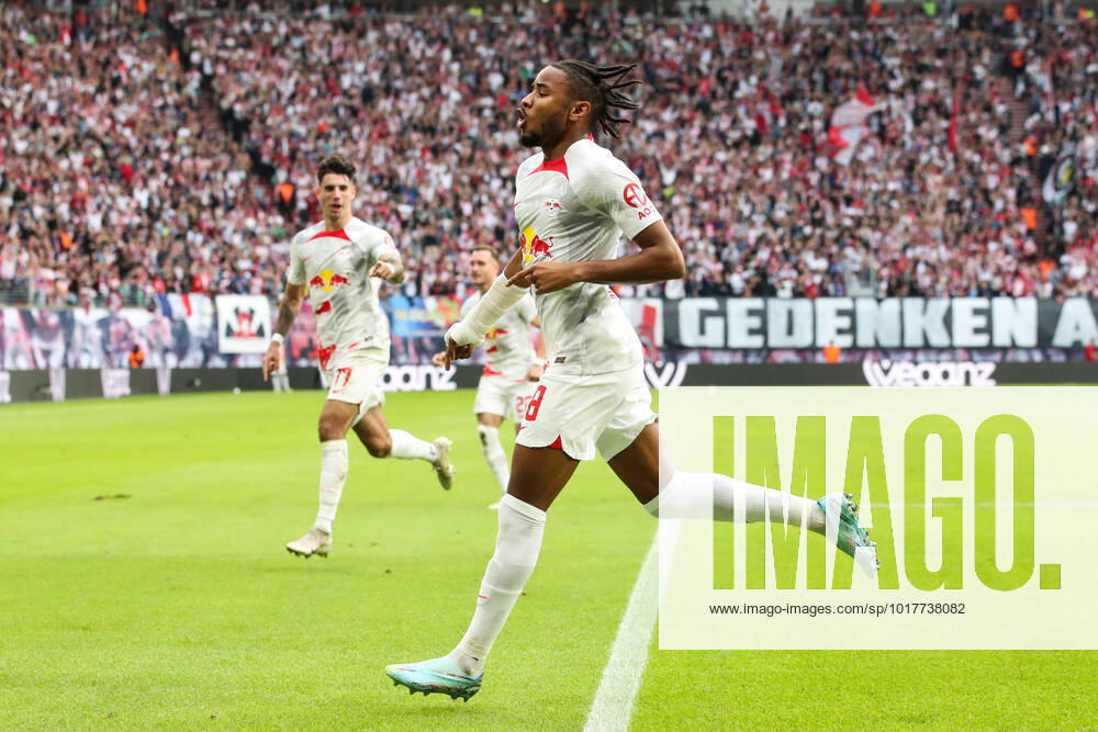 Goal celebration scorer Christopher Nkunku RB Leipzig,18 scores 1 0 1 Football Bundesliga season 2022 2023 point game RB Leipzig vs Bayer Leverkusen at Red Bull Arena in Leipzig action,football,Germany,man,men