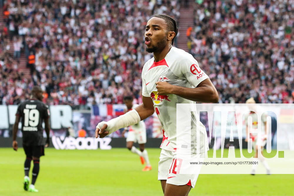 Goal celebration scorer Christopher Nkunku RB Leipzig,18 scores 1 0 1 Football Bundesliga season 2022 2023 point game RB Leipzig vs Bayer Leverkusen at Red Bull Arena in Leipzig action,football,Germany,man,men