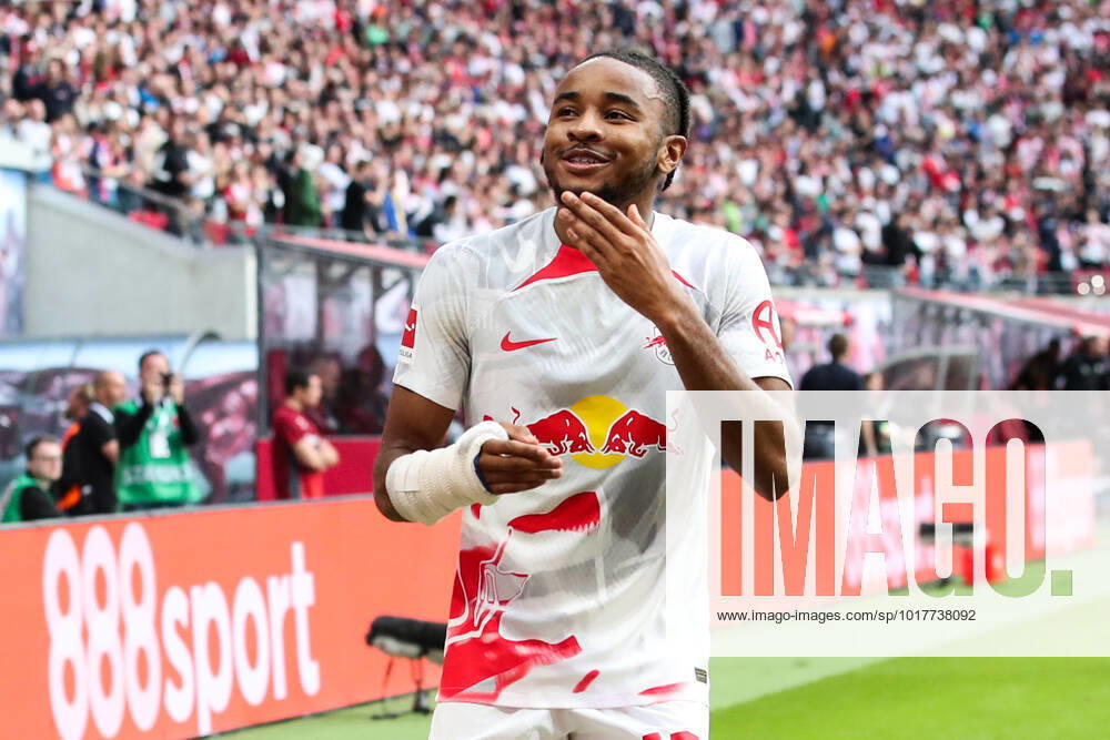 Goal celebration scorer Christopher Nkunku RB Leipzig,18 scores 1 0 1 Football Bundesliga season 2022 2023 point game RB Leipzig vs Bayer Leverkusen at Red Bull Arena in Leipzig action,football,Germany,man,men