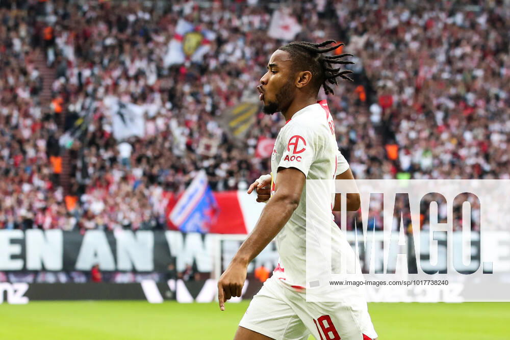 Goal celebration scorer Christopher Nkunku RB Leipzig,18 scores 1 0 1 Football Bundesliga season 2022 2023 point game RB Leipzig vs Bayer Leverkusen at Red Bull Arena in Leipzig action,football,Germany,man,men