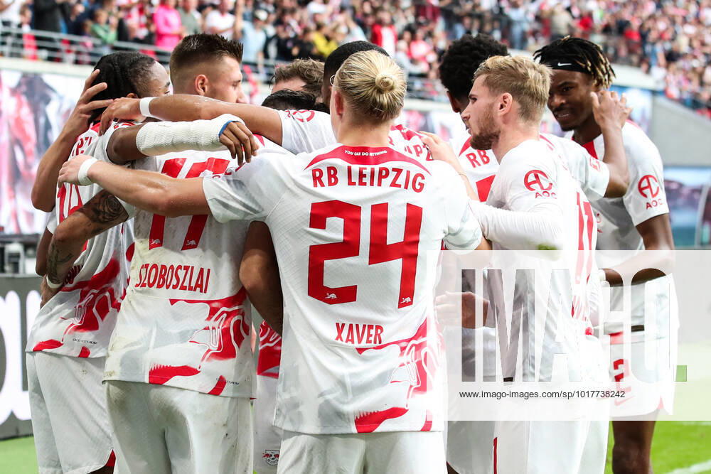 Goal celebration scorer Christopher Nkunku RB Leipzig,18 scores 1 0 1 Football Bundesliga season 2022 2023 point game RB Leipzig vs Bayer Leverkusen at Red Bull Arena in Leipzig action,football,Germany,man,men