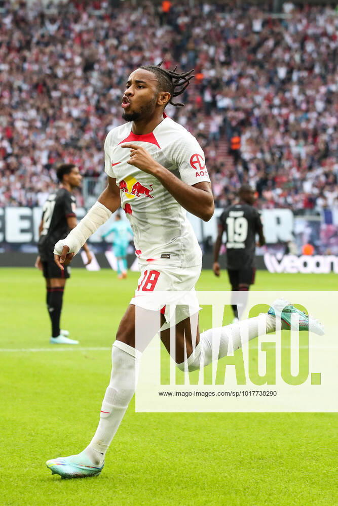 Goal celebration scorer Christopher Nkunku RB Leipzig,18 scores 1 0 1 Football Bundesliga season 2022 2023 point game RB Leipzig vs Bayer Leverkusen at Red Bull Arena in Leipzig action,football,Germany,man,men