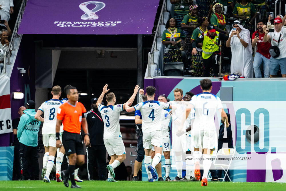 Harry Kane of England celebrates scoring 2 0 with teammates during the FIFA World Cup 2022 round of 16 football match between England and Senegal on December 4, 2022 in Doha Photo Joel Marklund BILDBYRAN code JM JM0403 bbeng fotbol football soccer fotball vm fotbols vm fotball vm soccer world cup 2022 fifa world cup 2022 round of 16 round of 16 england senegal jubilation,