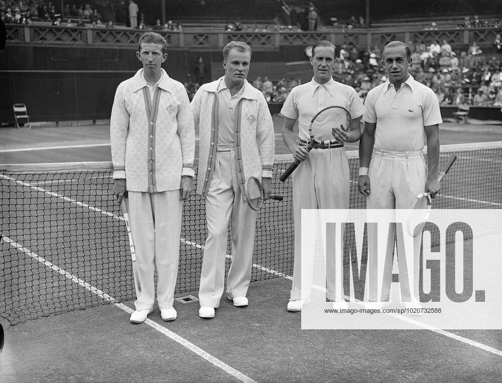 Donald Budge and Gene Mako, the Americans were the Wimbledon doubles champions, defeated Baron Gottfried von Cramm and Henner Henkel of Germany in the doubles of the Davis Cup inter-zone final at Wimbledon. Left to right: Budge; Mako; von Cramm and Henkel. 19 July 1937 United Kingdom England