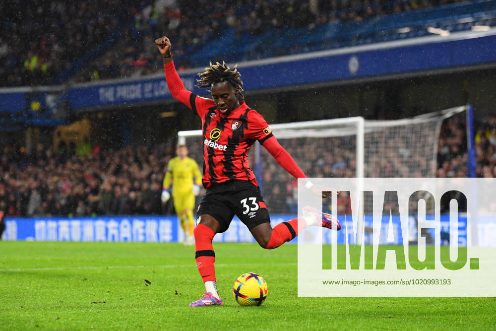 Chelsea v Bournemouth Premier League 27 12 2022. AFC Bournemouth defender Jordan Zemura (33) clears the ball during the Premier League match between Chelsea and Bournemouth at Stamford Bridge, London, England on 27 December 2022. London Stamford Bridge Greater London England Editorial use only DataCo restrictions apply See www.football-dataco.com ,