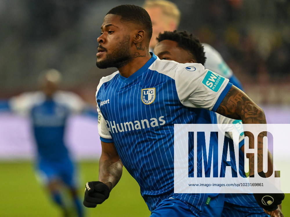 Moritz Broni Kwarteng 1 FC Magdeburg, 08 scores the goal to 1 0 and runs to the corner flag Fortuna Duesseldorf vs 1 FC Magdeburg, Football, 2 Bundesliga, 18 Spieltag, Saison 2022 2023, 27 01 2023 DFB DFL Regulations prohibit any use of Photographs as image sequences and or quasi video Fortuna Duesseldorf vs 1 FC Magdeburg, Football, 2 Bundesliga, 18 Spieltag, Saison 2022 2023, 27 01 2023 Duesseldorf